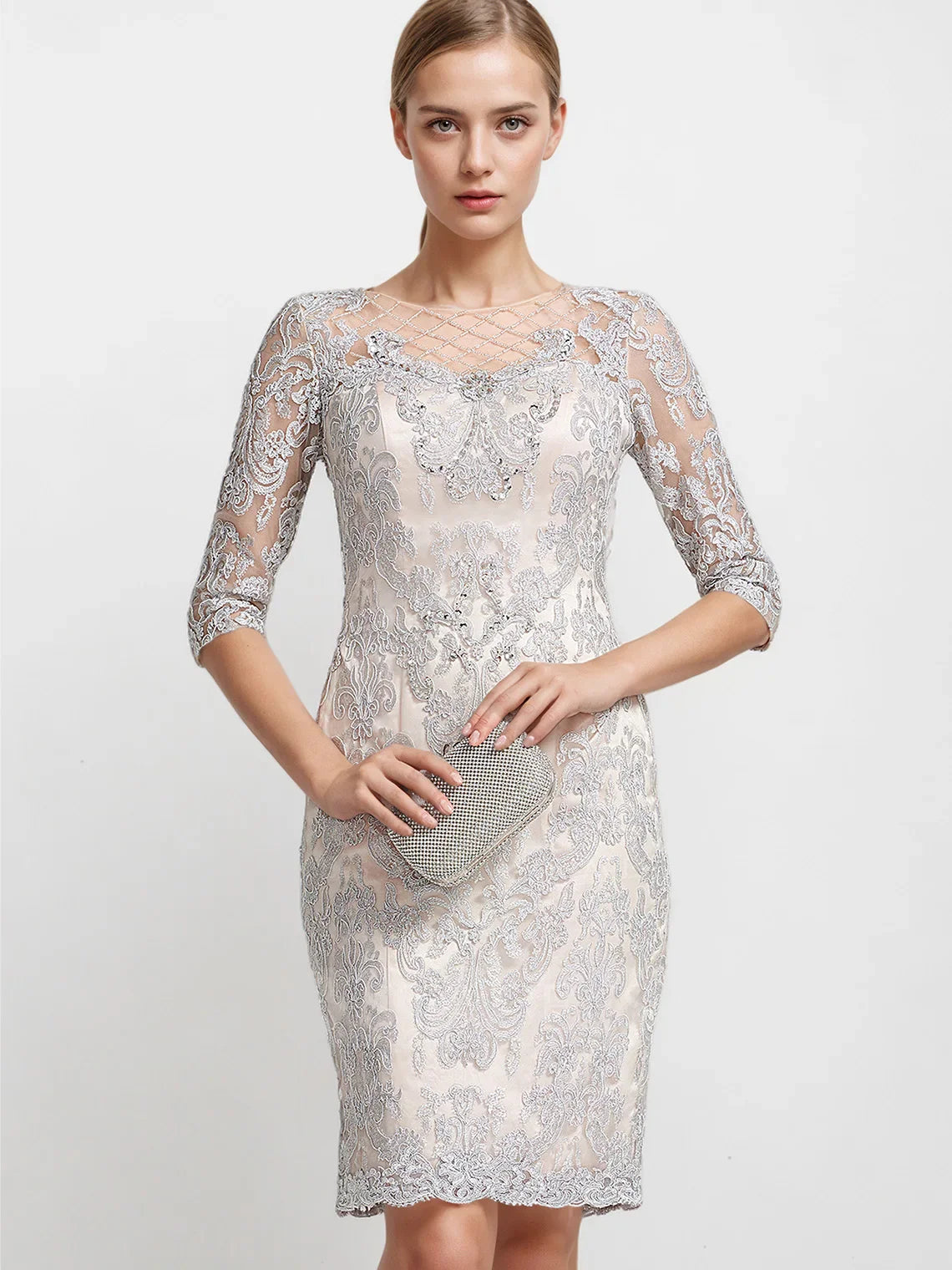 Mother Of The Bride Dress - Elegant Sheath Evening Dress Bateau Neckline Chiffon Beading Half Sleeve Knee-Length Wedding Guest Dress Free Customized