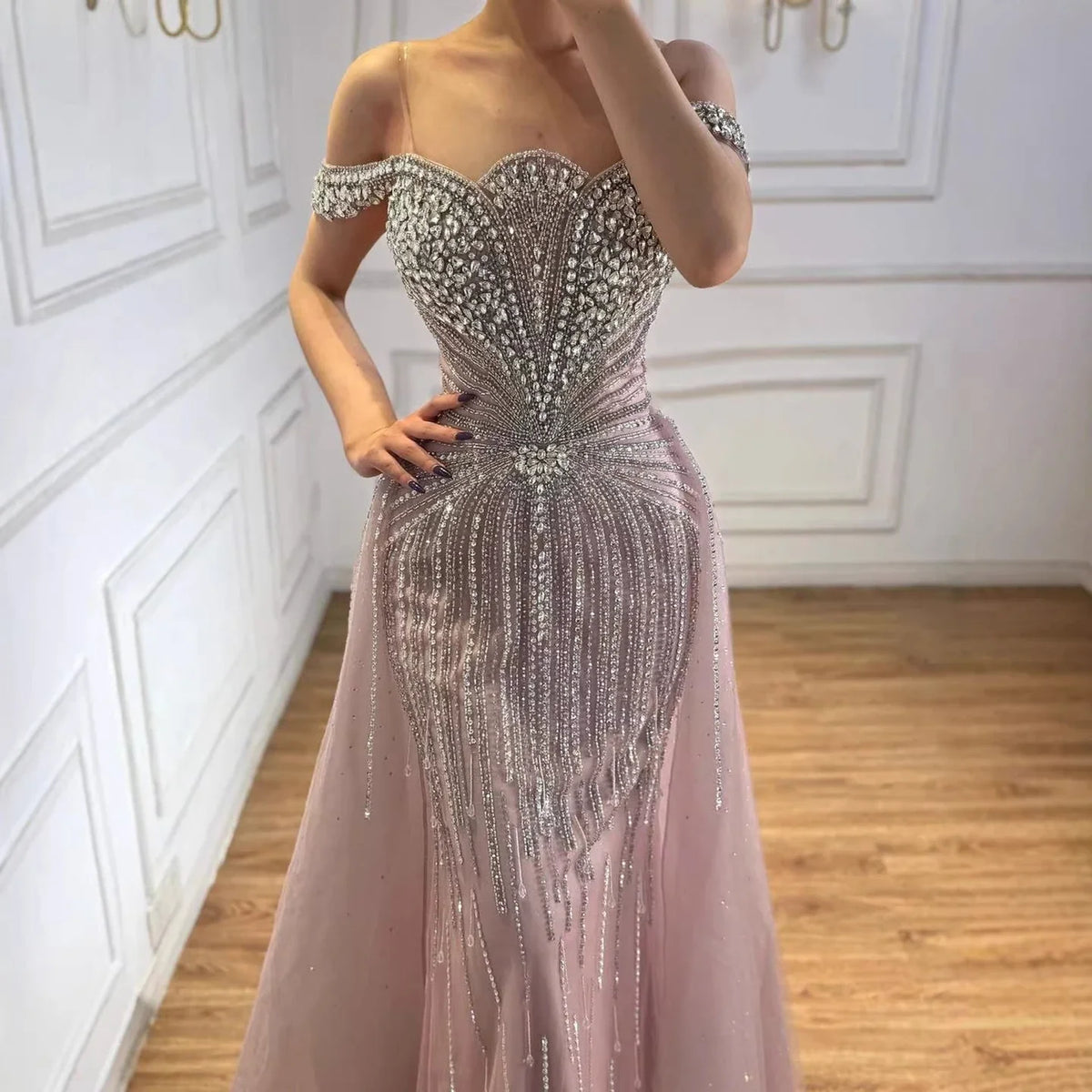 Zapdress Green Mermaid Beaded Evening Party Gown 2026 Elegant Off-Shoulder Runway Dress with Overskirt Customized (ZD17288)