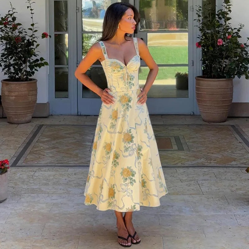 Pleated Print A-line Spaghetti Summer Dress - View 5 | VelvetHem