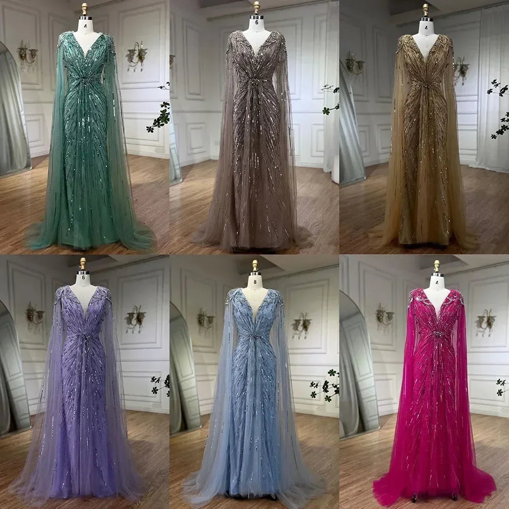 Zapdress V-neck Turquoise Beaded Mermaid Evening Dress with Cape Plus Size Party Gowns for Women DLA72168A Customized (ZD17231)