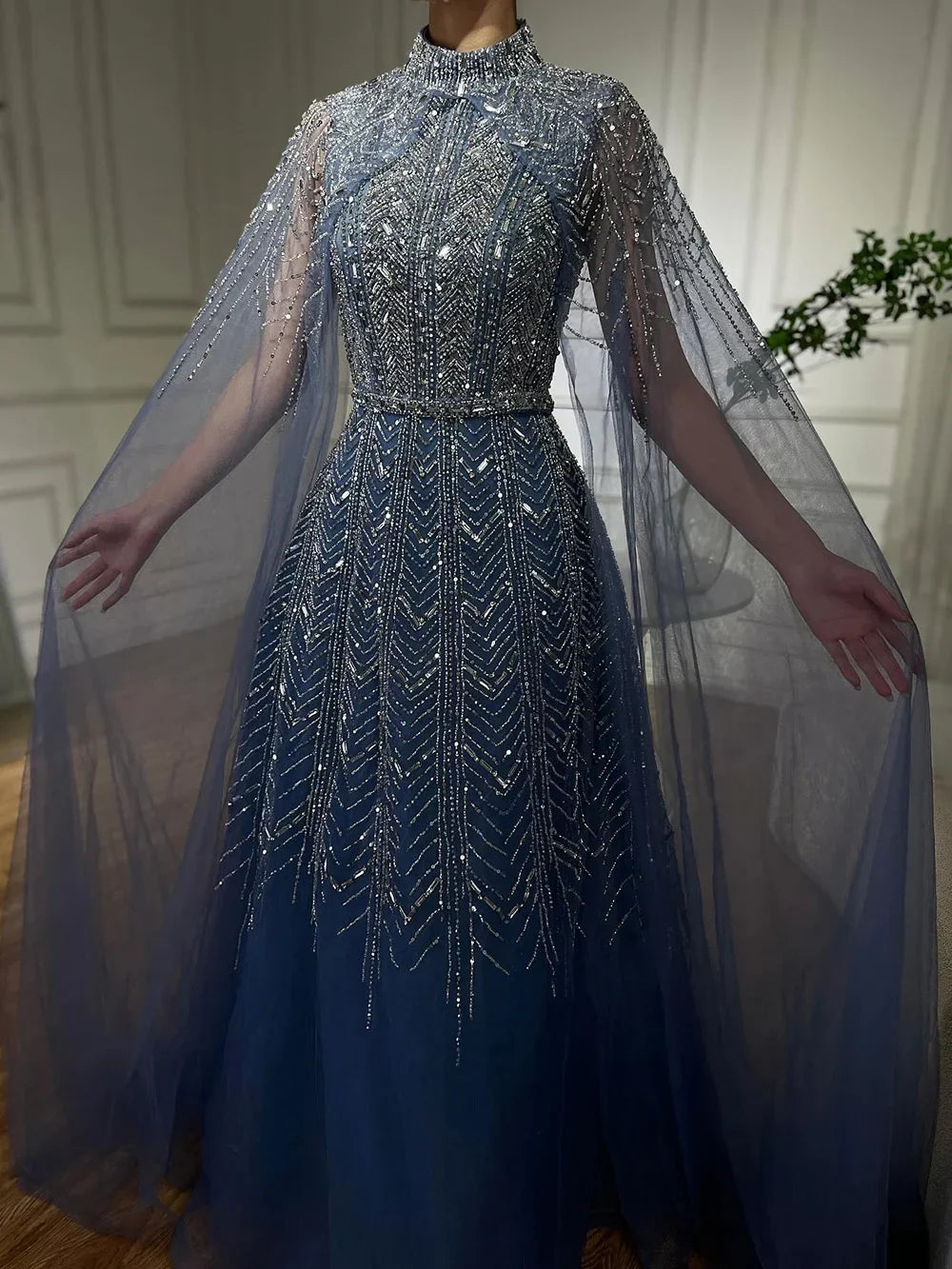 Zapdress Customized 2025 Blue Beaded A-Line Cape Sleeves Formal Evening Dresses Elegant Party Gowns for Women (ZD17192)