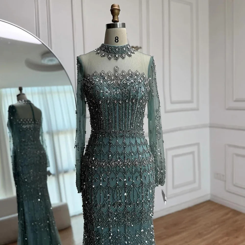 Zapdress High Neck Long Sleeves Beaded Mermaid Evening Dress Muslim Wedding Party Gowns for Women DLA72714C Customized (ZD17264)