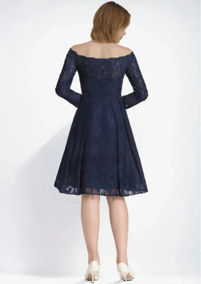 Elegant A-Line Prom Evening Dress Lace Off-the-Shoulder 3/4 Sleeve Pleated Knee-Length Wedding Guest Dress Free Customized