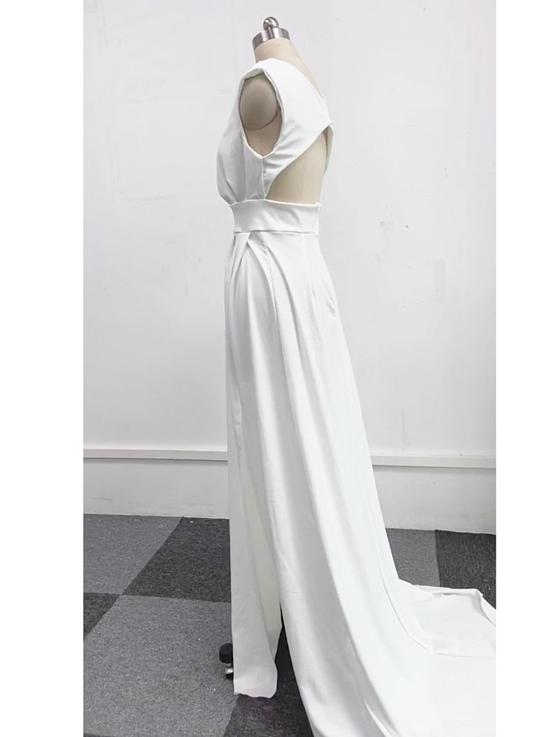 Elegant Casual Women's Dresses Vneck Side Slit Backless White Long Skirt Wedding