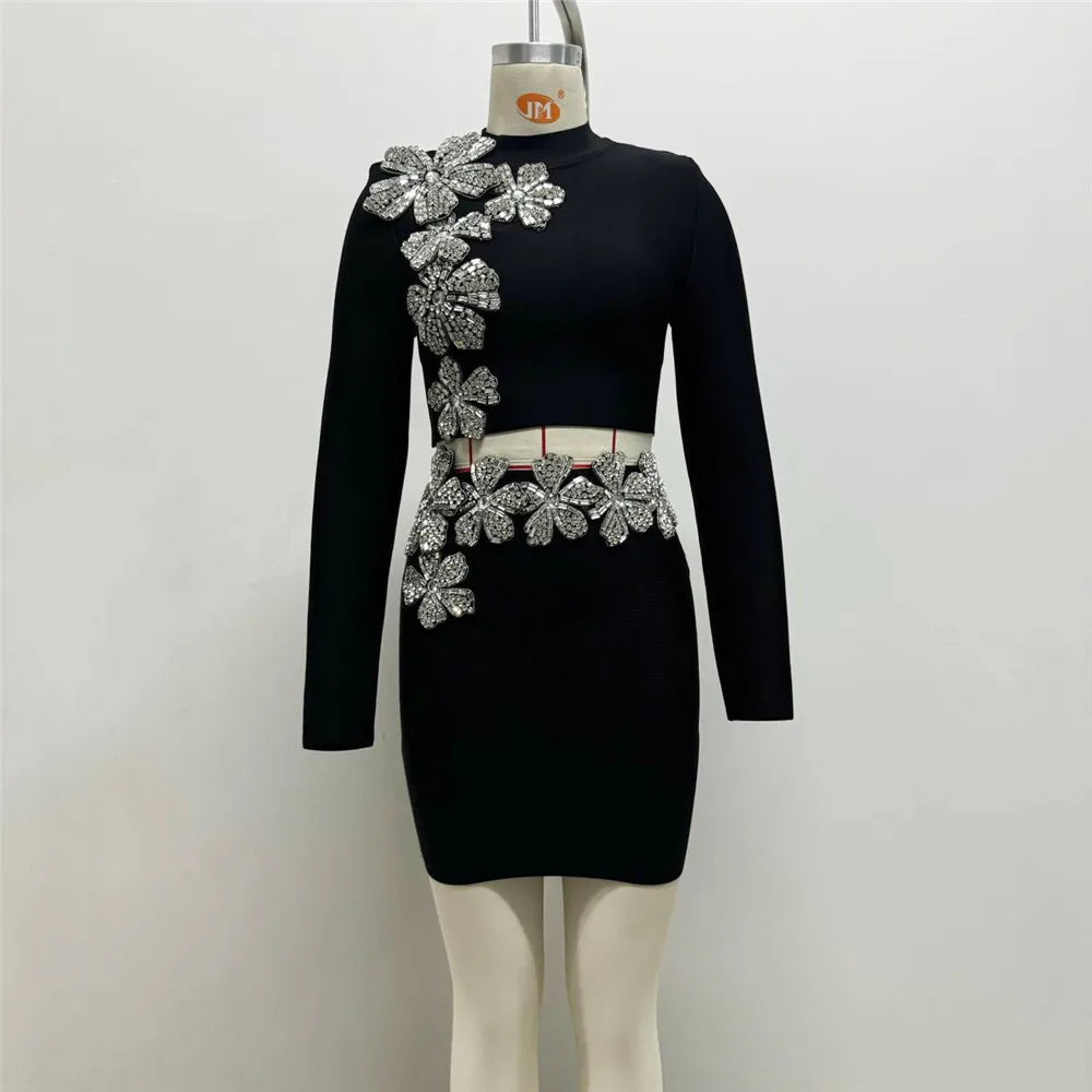 Black Red Women Long Sleeve Diamond Florals 2 Pieces Bodycon Long Bandage Dress Celebrate Evening Party Christmas Dress mini set