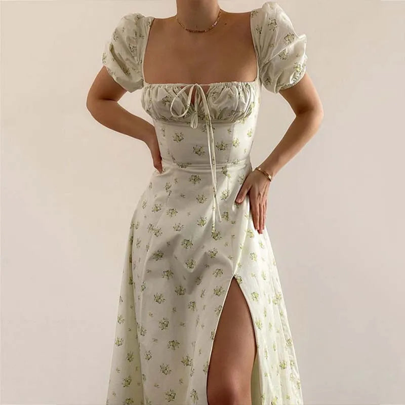 Split Short Sleeve A Line Floral Dress - View 13 | VelvetHem