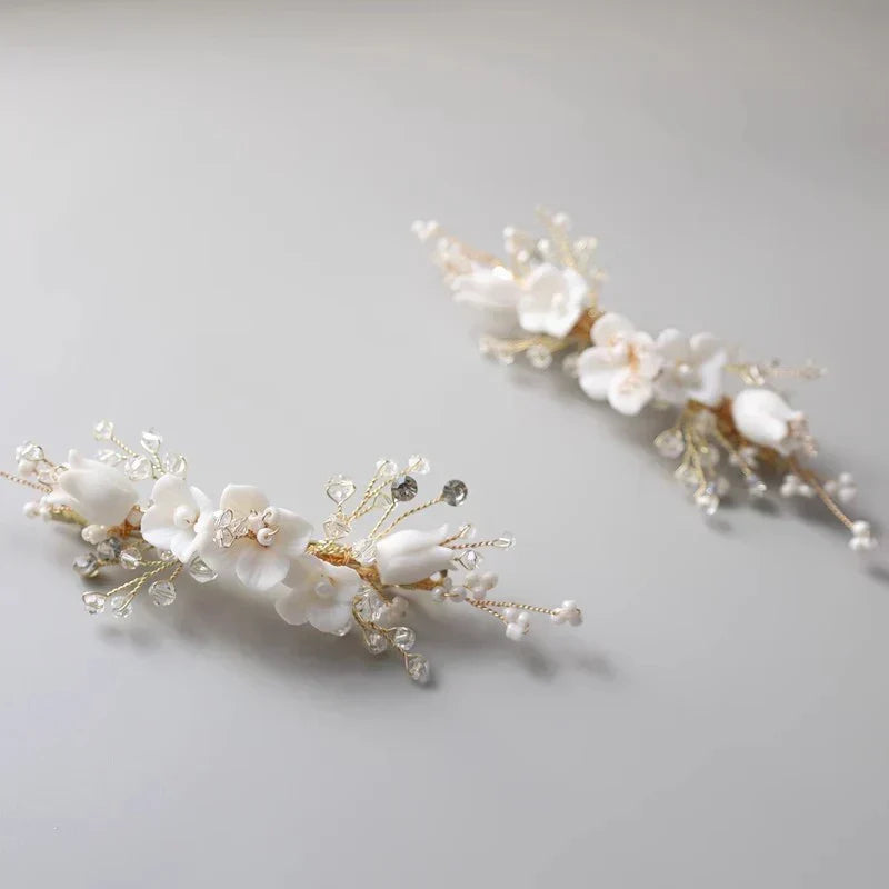 Wedding Accessories Porcelain Flower Head Piece Gold Color Hairpin For Brides Bridesmaids Handmade Hair Pin Clip Bridal Jewelry