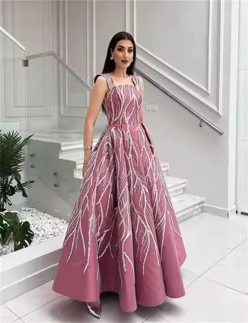 Modest Saudi Arabic Evening Dresses Spaghetti Strap A-Line Prom Dresses Ankle Length Appliques Vestidos De Gala