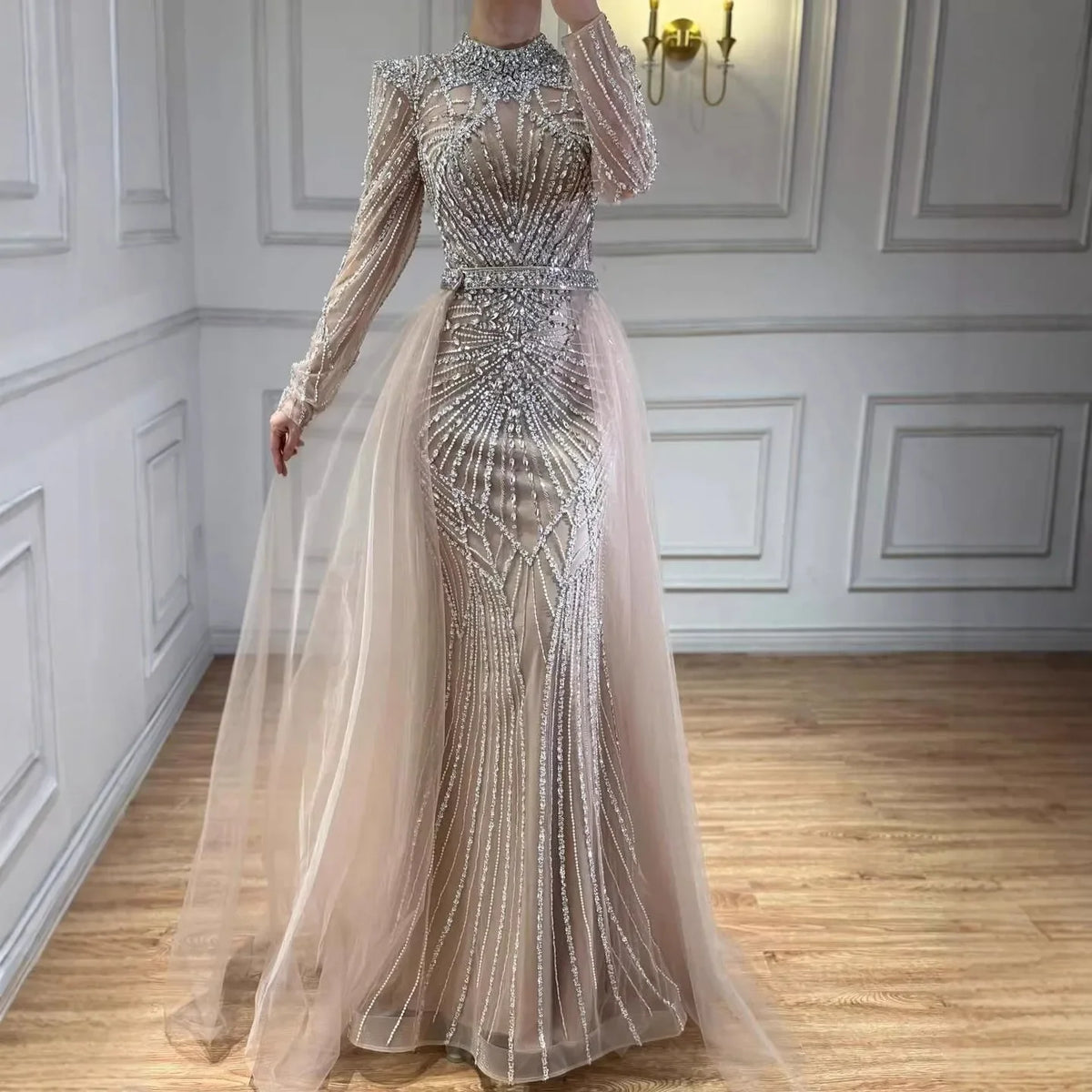 Zapdress Nude Muslim High Neck Mermaid Evening Gowns 2026 Long Sleeves Overskirt Party Dress for Women DLA73203A Customized (ZD17202)