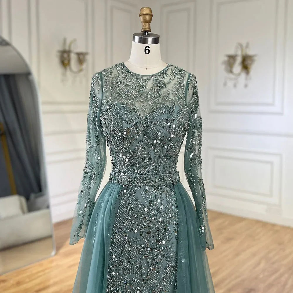 Zapdress Customized Turquoise Mermaid Party Gown Overskirt Beaded Evening Dress for Women Wedding 2024 (ZD17228)