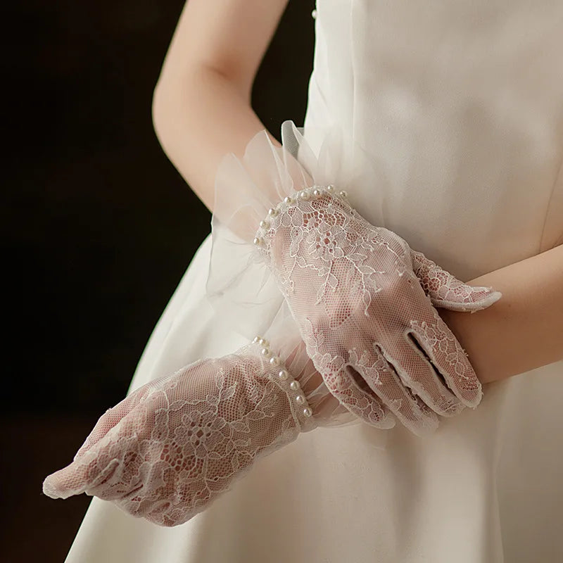 Lace Short Imitation Pearls Bridal Gloves Wristband Wedding Glove For Women Girl Party Evening Dress Jewelry Brides Accessories a