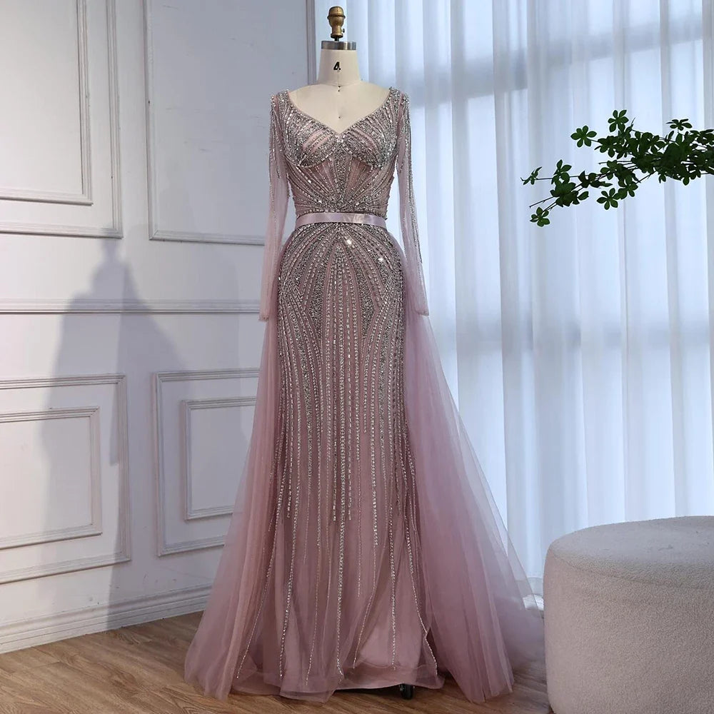 Zapdress Pink V-neck Long Sleeves Beaded Evening Dress with Detachable Overskirt Party Gown for Women Customized (ZD17196)