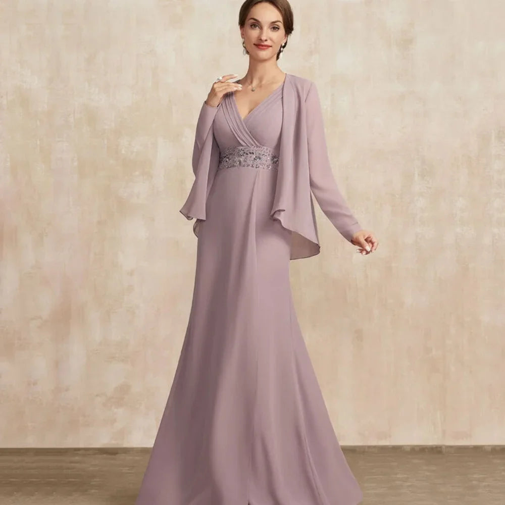 Mother Of The Bride Dress - V Neck Customized Mother Dress Chiffon Elegant Mermaid Long Sleeves Bridal Party Gowns Crystal Formal Occasion Bridal Dresses picture color