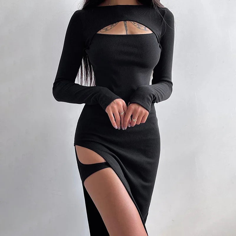 Hollow Split Knit Y2K Midi Dress - View 2 | VelvetHem