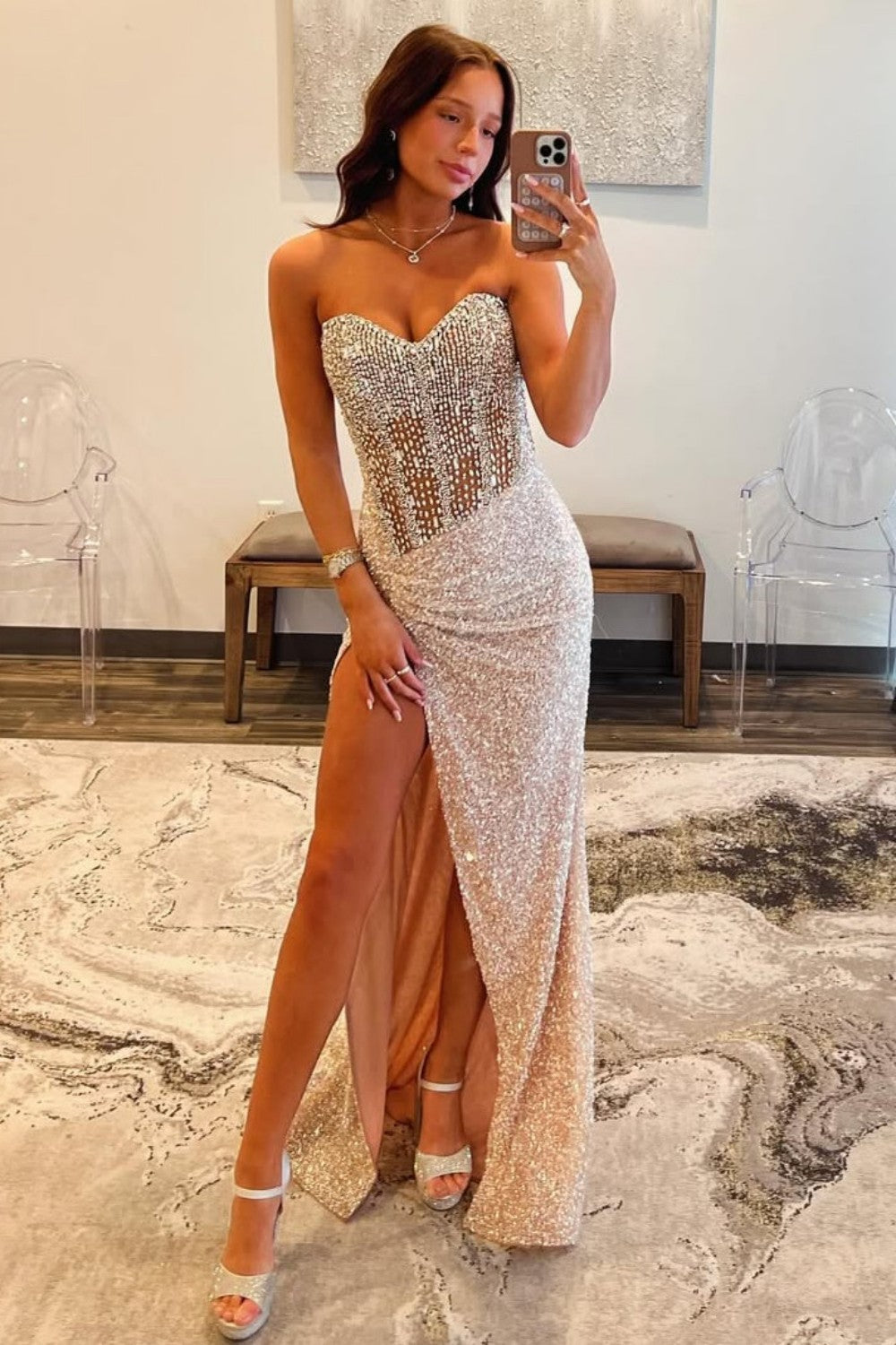 Sparkly Mermaid Sweetheart Champagne Corset Prom Dress with Beading