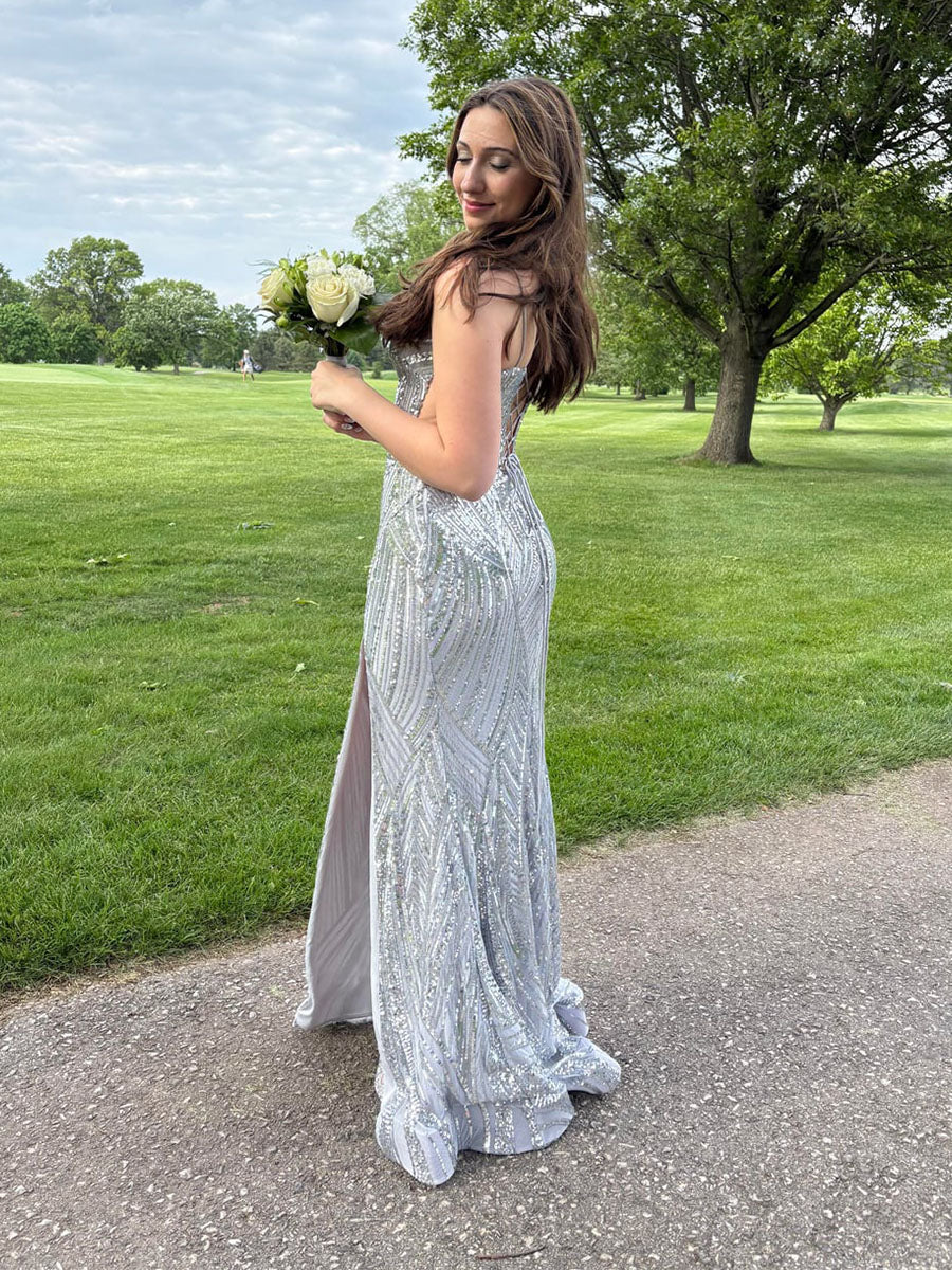 Sequin Pattern Plunging V-Neck Prom Dress with Slit