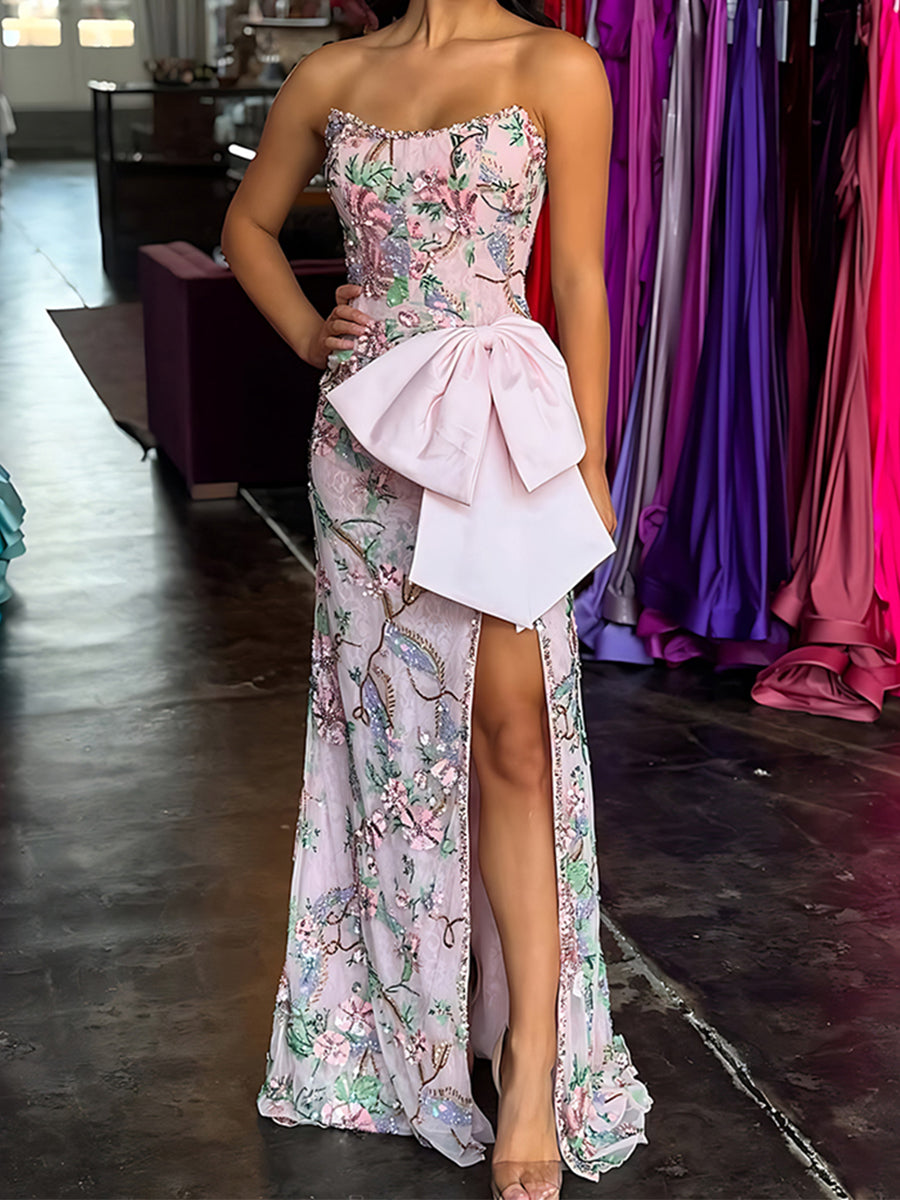 Sequin Floral Oversized Satin Bow Prom Dress with High Slit