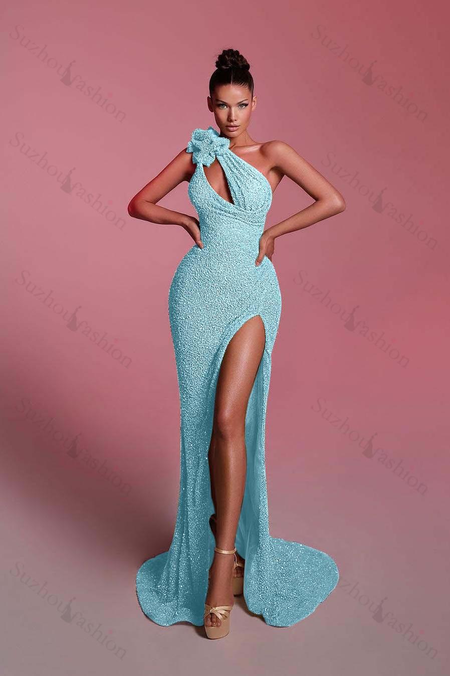 Sequined One Shoulder Sleeveless Long Evening Formal Dress With Front Split