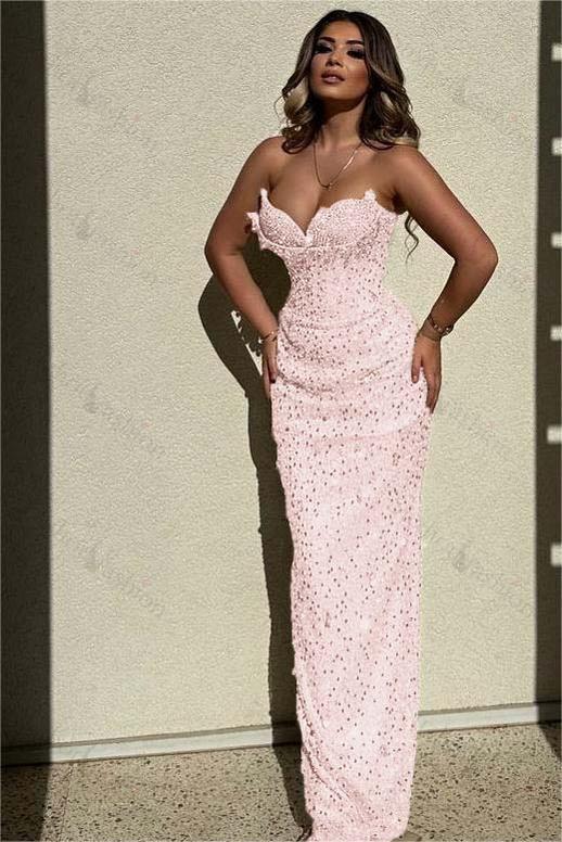 Sequined Strapless Sleeveless High Waist Long Evening Formal Dress With Beadings