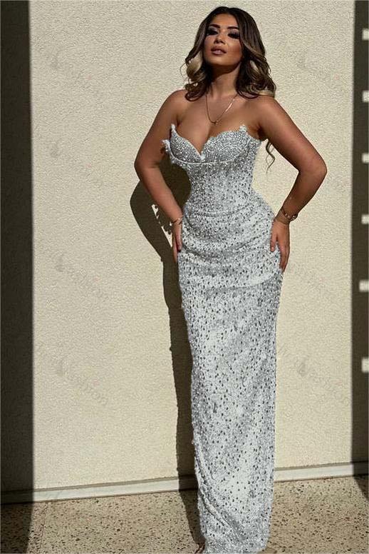 Sequined Strapless Sleeveless High Waist Long Evening Formal Dress With Beadings
