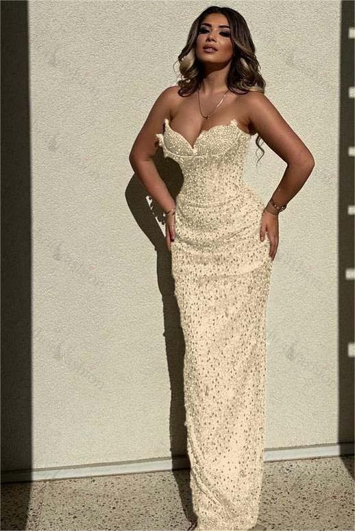 Sequined Strapless Sleeveless High Waist Long Evening Formal Dress With Beadings
