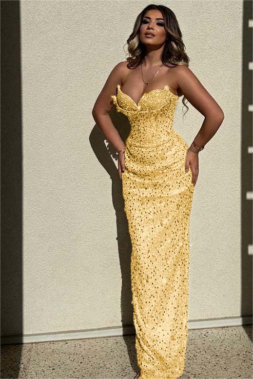 Sequined Strapless Sleeveless High Waist Long Evening Formal Dress With Beadings