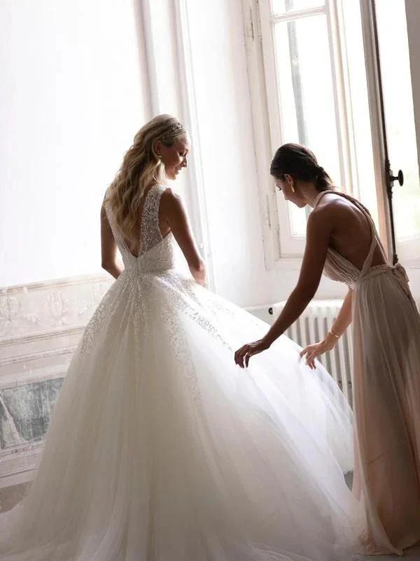 Sequins Lace V-neck Neckline Chapel Train A-line Wedding Dresses (ZD16235)