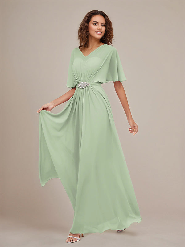 Dusty Sage V Neck Short Sleeves Pleated Floor-Length Chiffon Bridesmaid Dress