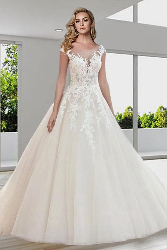 Sexy A-Line Wedding Dress Jewel Lace Tulle Short Sleeves Backless Bridal Gowns with Sweep Train