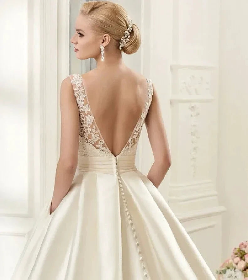 Sexy Backless Satin Wedding Dresses 2023 Chapel Train Bridal Gowns Ivory vestido noiva princesa (ZD14123)