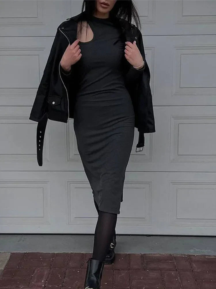 Cut Out Long Sleeve Bodycon Midi Dress - VelvetHem