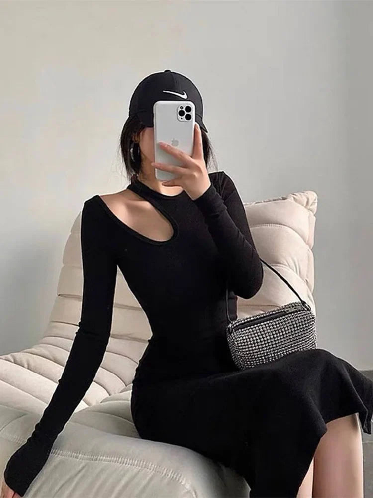 Cut Out Elegant Oneck Long Solid Casual Midi Dresses