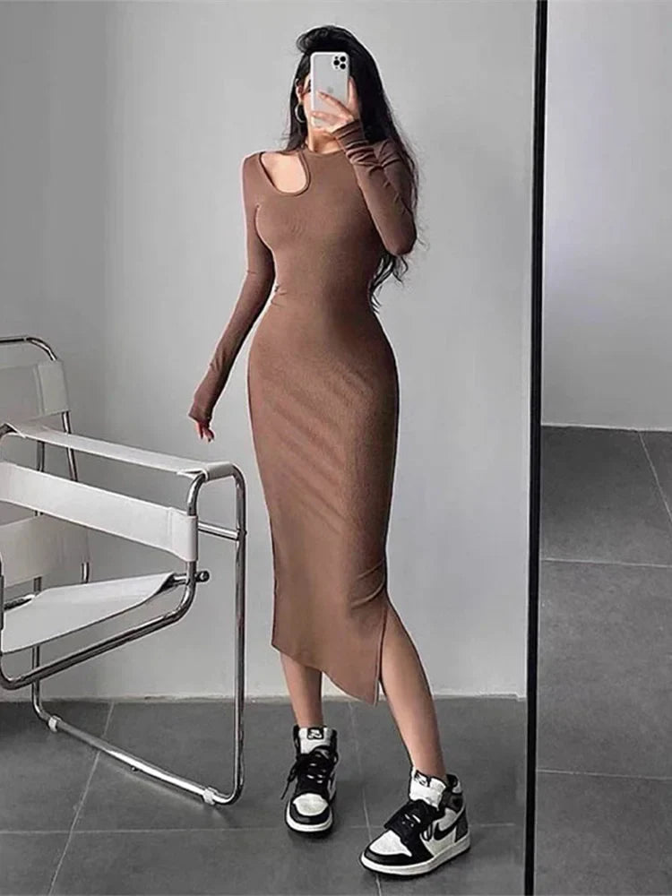 Cut Out Elegant Oneck Long Solid Casual Midi Dresses