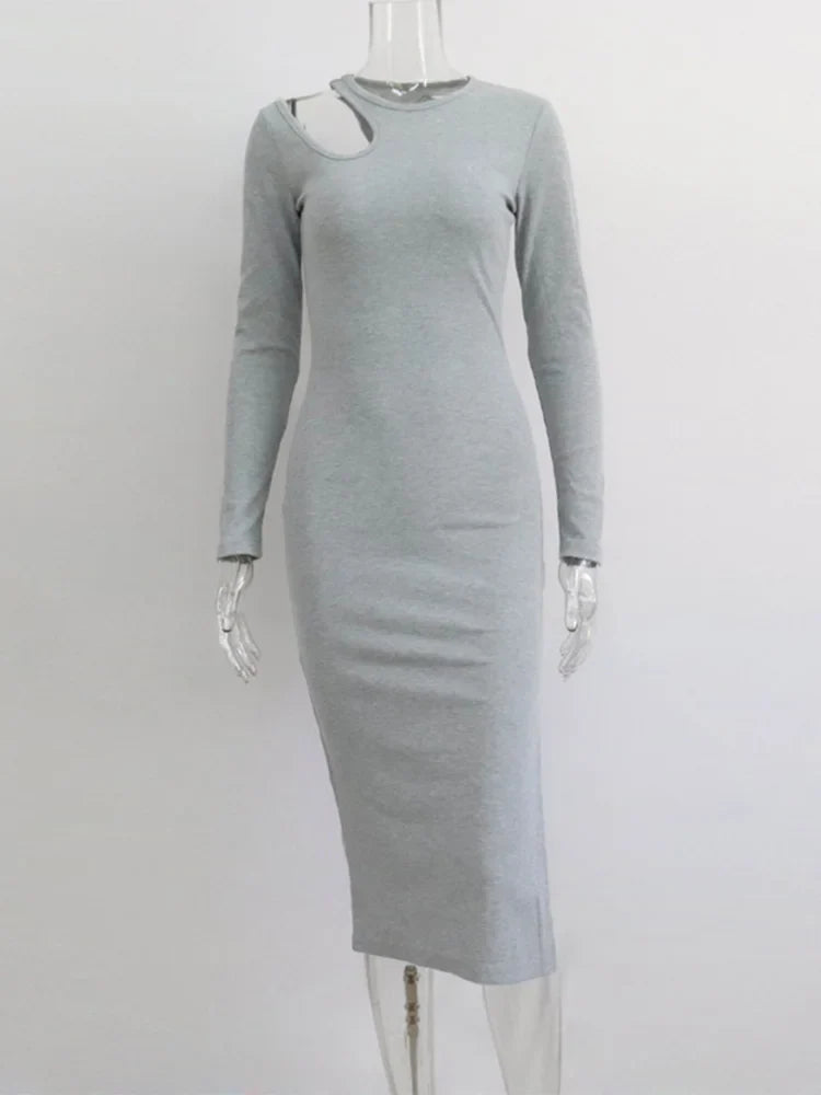 Cut Out Elegant Oneck Long Solid Casual Midi Dresses