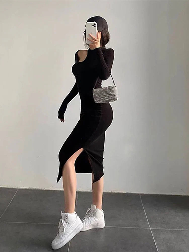 Cut Out Elegant Oneck Long Solid Casual Midi Dresses