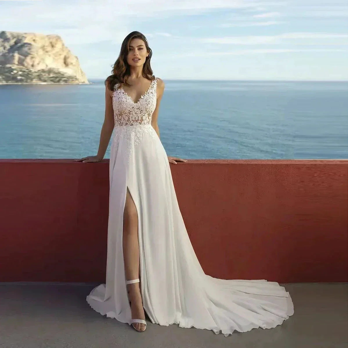 Sexy High Split Boho Chiffon Beach Wedding Dresses Summer V Neck Illusion Back Lace Bride Wedding Gowns Vestidos De Noiva by payinti