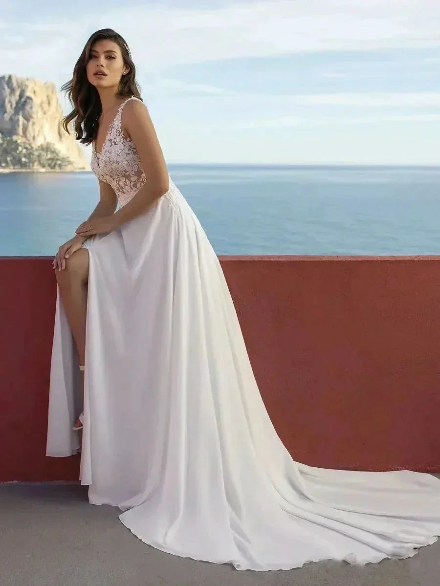 Sexy High Split Boho Chiffon Beach Wedding Dresses Summer V Neck Illusion Back Lace Bride Wedding Gowns Vestidos De Noiva (ZD14091)