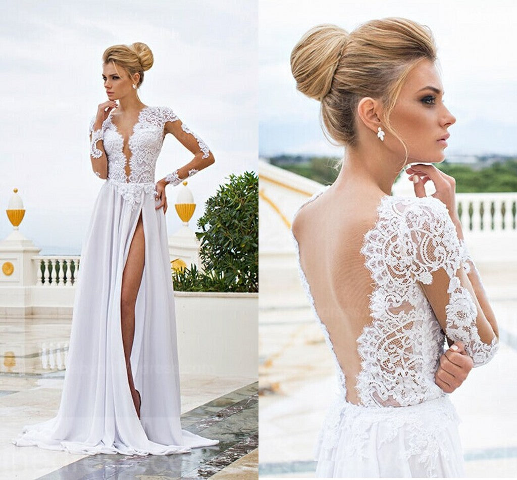 Sexy Long Sleeve V-Neck Wedding Dresses  A-Line Split-front Open Back Bridal Gowns