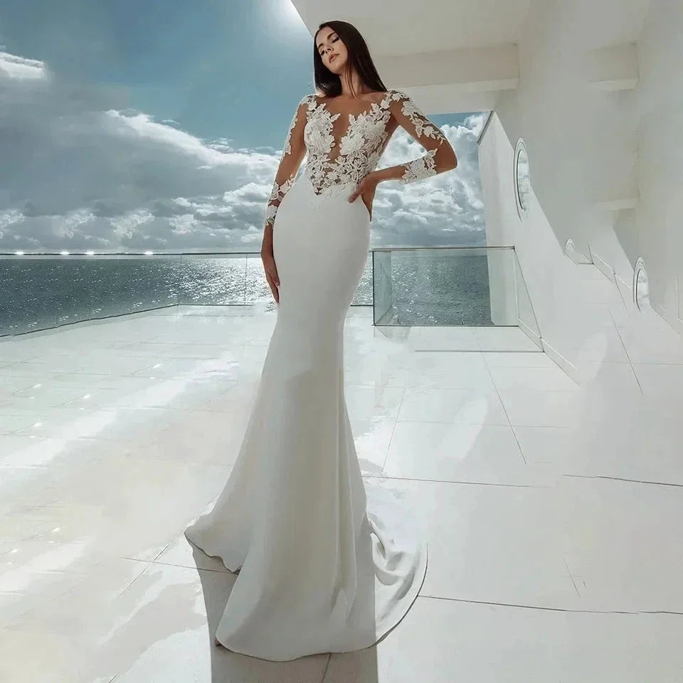 Sexy Long Sleeves Mermaid Wedding Dresses White Illusion Neck Lace Appliques 2023 Bridal Dress Gowns Beach Vestidos De Noiva (ZD13317)