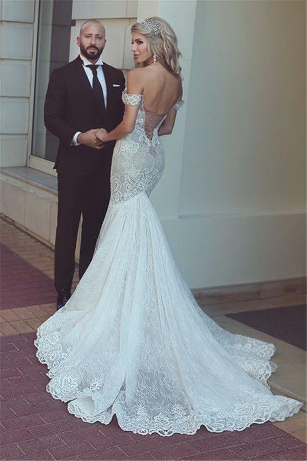 Sexy Mermaid Lace Off-the-Shoulder Beach Wedding Dresses Open Back Bridal Gowns BA7275