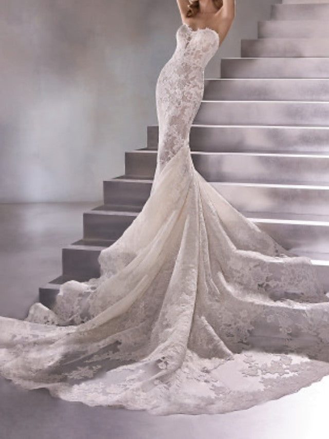 Sexy Mermaid Wedding Dresses Sweetheart Lace Sleeveless Bridal Gowns Plus Size Sweep Train