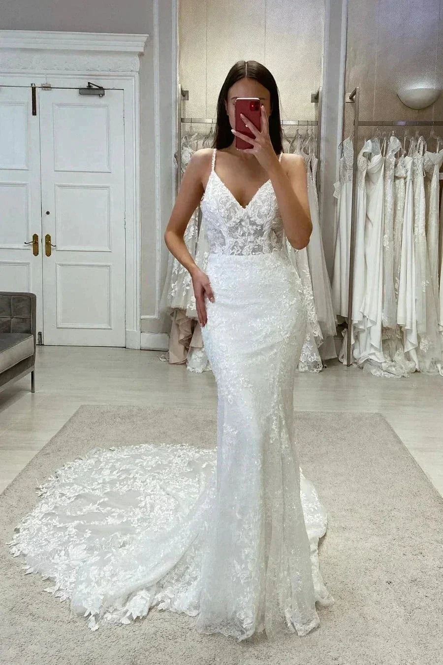 Sexy Off Shoulder Mermaid Mopping Wedding Dresses V Neck Bride Gowns Sleeveless Bridal Robes Appliques Backless Lace Charming (ZD14245)