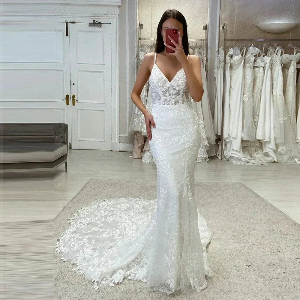 Sexy Off Shoulder Mermaid Mopping Wedding Dresses V Neck Bride Gowns Sleeveless Bridal Robes Appliques Backless Lace Charming (ZD14245)