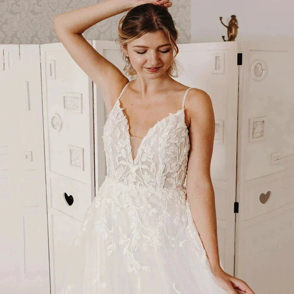Sexy Off Shoulder Sleeveless Mopping Wedding Dresses Spaghetti Straps V-Neck Simple White Backless Pleat Princess Bride Gowns (ZD14221)