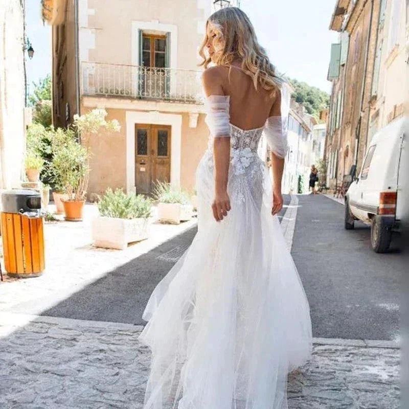 Sexy Off Shoulder Wedding Dresses Bohemian Tulle Elegant Women's Side Split A-line Lace Applique Beach Bridal Dress Sleeveless (ZD14185)