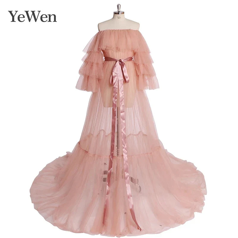 Sexy Pink Long Maternity Photography Props Dresses Tulle Perspective Pregnancy Mesh Maxi Gown For Pregnant Women Photo Shooting - View 2 | VelvetHem