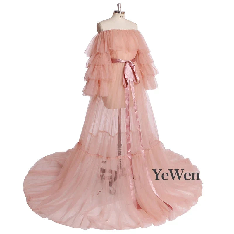 Sexy Pink Long Maternity Photography Props Dresses Tulle Perspective Pregnancy Mesh Maxi Gown For Pregnant Women Photo Shooting - View 3 | VelvetHem