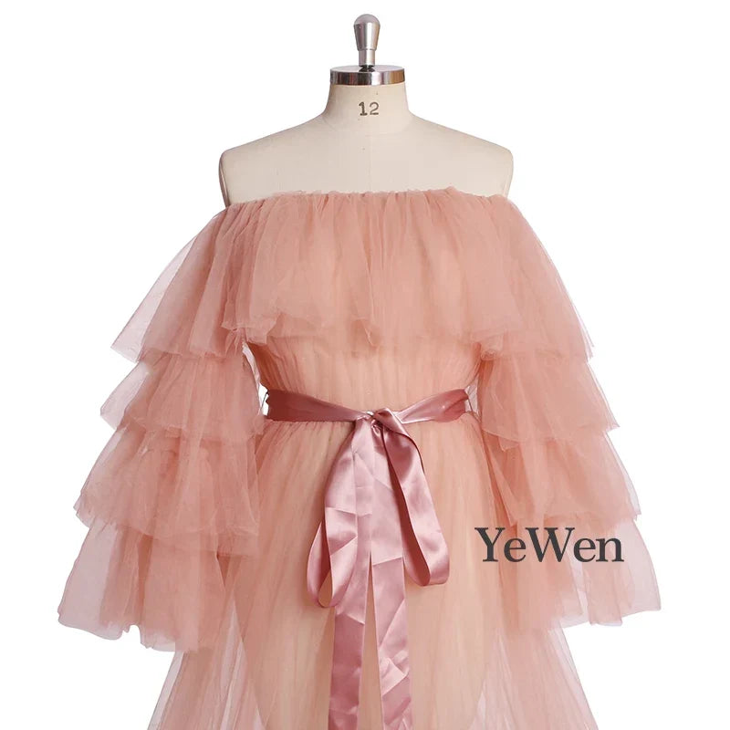 Sexy Pink Long Maternity Photography Props Dresses Tulle Perspective Pregnancy Mesh Maxi Gown For Pregnant Women Photo Shooting - View 5 | VelvetHem