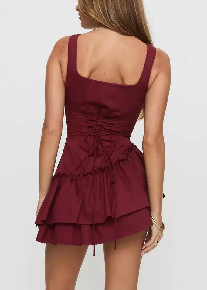 Sexy Red Ruffled Solid Cotton Mini Dresses Summer