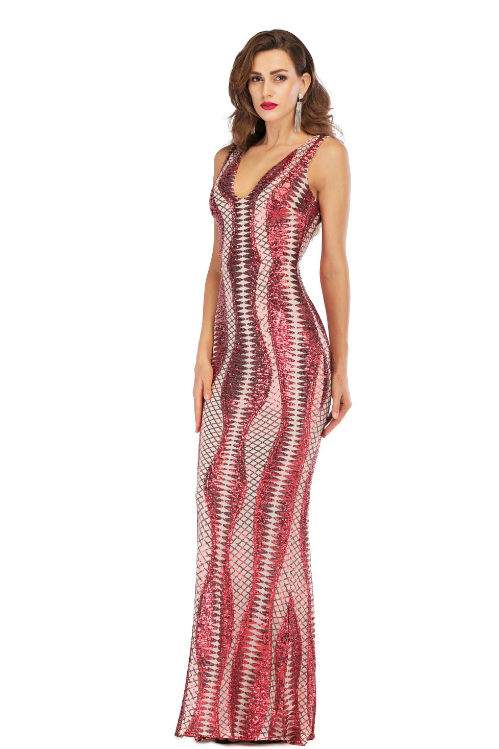 Sexy Red Sequined V Neck Sparkly Bodycon Prom Dress - Fashionpara